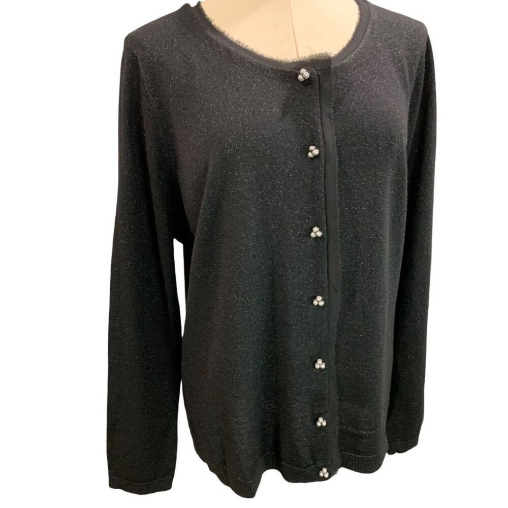 2X Talbots Woman New Black Sparkle Metallic Silver Button Cardigan Lightweight W